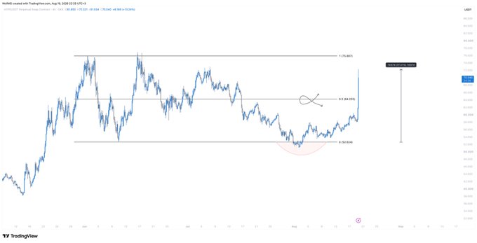 A TradingView hourly chart for the ticker "HYPE" (likely Hyperliquid) on WOO:X: shows a sharp breakout rally, with price surging up to the 1.0 Fibonacci extension near 73.875 after tagging the 0.0 level (~52.626), illustrating the "fear buying" momentum and outcome referenced in Wolf's post.