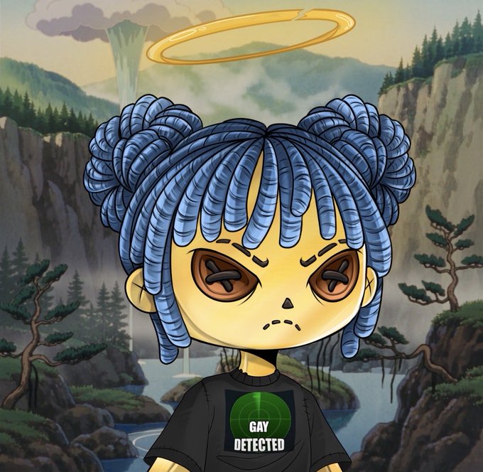 A cartoon illustration of a girl with blue braided hair buns, X-shaped eyes, and a halo, wearing a black t-shirt reading 'GAY DETECTED' against a mountainous landscape background.