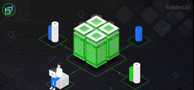 An isometric illustration labeled 'beldex.io' shows a person at a computer connected to stacked green servers and coin stacks.
