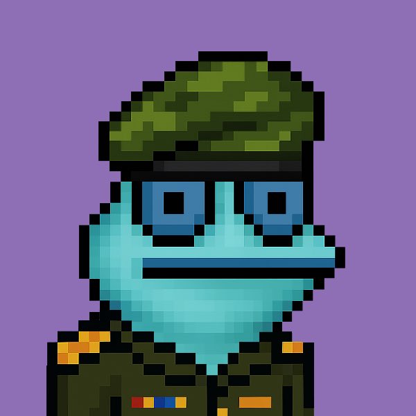 A pixel art image of a blue-skinned character with large square glasses, wearing a green military-style cap and camouflage uniform with colorful ribbon details, set against a purple background.