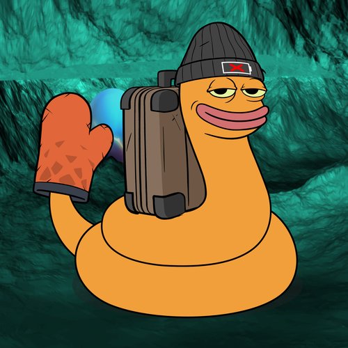A cartoon illustration of an orange duck character wearing a beanie and carrying a backpack and an orange mitten, set against a textured teal background.