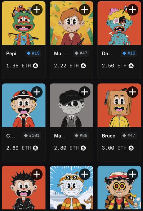 A grid of nine NFT collectible character cards with names like "Pepi," "Mu...," "Da...," "C...," "Ma...," "Bruce," and others, each priced in ETH (ranging from 1.95 to 3.00 ETH) and labeled with numbered badges like #19, #47, #101, and #88. This aligns with the post announcing the @wacky_ville NFT collection reveal, showcasing the available characters for sale and trade.