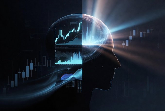 The image shows a silhouette of a person's profile with their head filled by financial candlestick charts and trading graphs in blue tones, with light rays emanating outward—symbolizing how market data and liquidity flows occupy and illuminate the mind.

This visual captures the post's message: when liquidity narrows, traders shift from rational probability-based analysis (the structured charts) to hopeful speculation (the ethereal, glowing light), and that psychological transition—much like the light breaking through the data-filled mind—often goes unnoticed until it's too late.