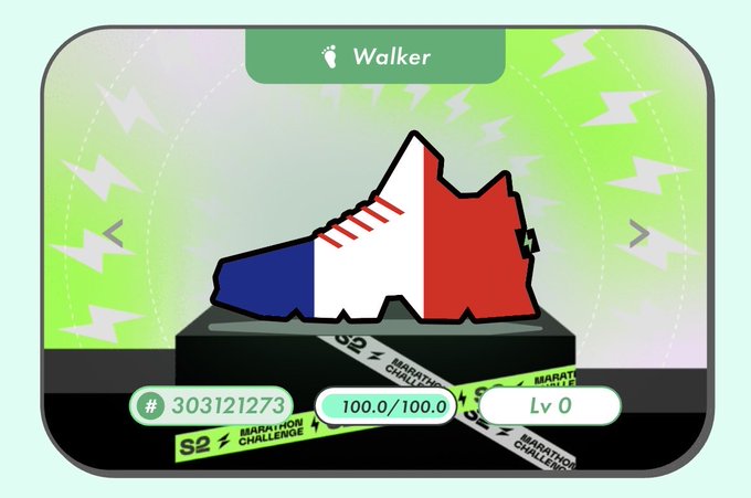 A digital profile card displaying a French flag-colored sneaker labeled 'Walker' with stats '# 303121273', '100.0/100.0', and 'Lv 0', surrounded by 'MARATHON CHALLENGE' and 'S2' tape on a green lightning-bolt background.