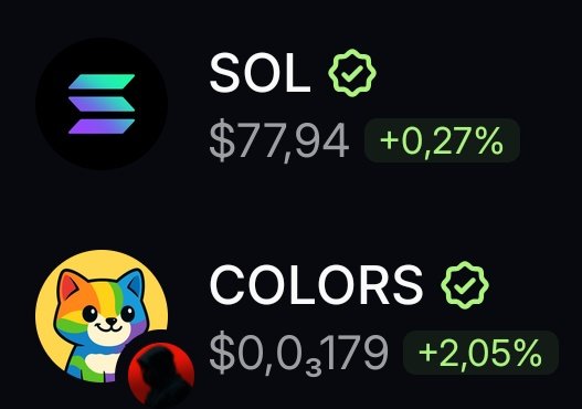 A crypto price display shows SOL at $77.94 (+0.27%) and a cat-themed token called COLORS at $0.0₃179 (+2.05%) on a dark background.