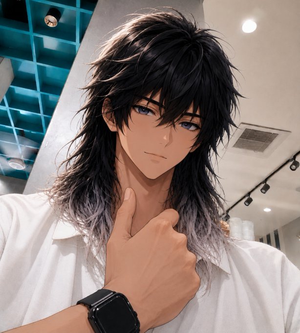 Anime-style illustration of a handsome young man with long, messy black hair and blue eyes, wearing a white shirt and a black smartwatch, posing indoors.