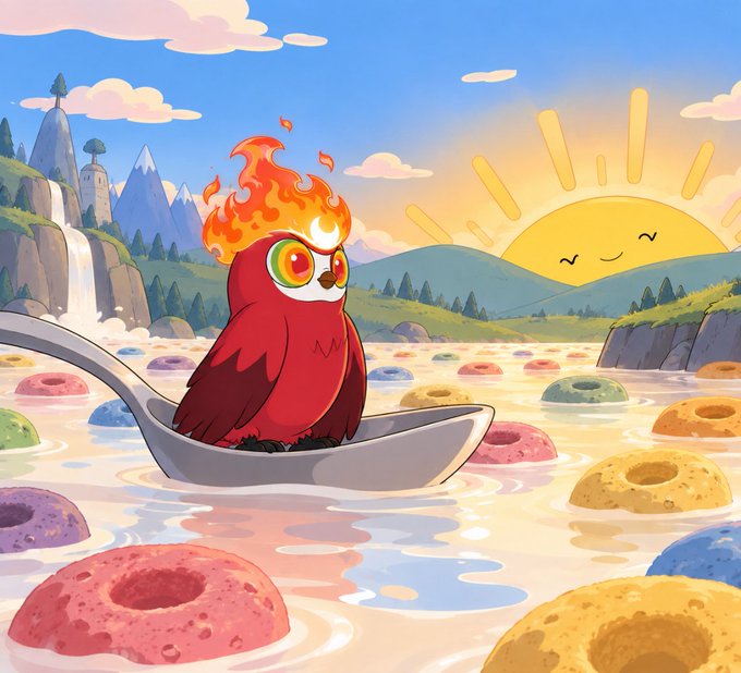 A cartoon illustration of a red owl with a flaming head perched on a large spoon floating in a body of water filled with colorful cereal rings, set against a sunrise landscape.
