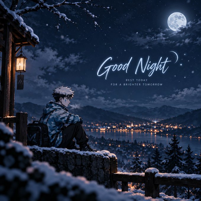 An anime-style character sits on a snowy ledge overlooking a nighttime cityscape with the message 'Good Night - REST TODAY FOR A BRIGHTER TOMORROW.'