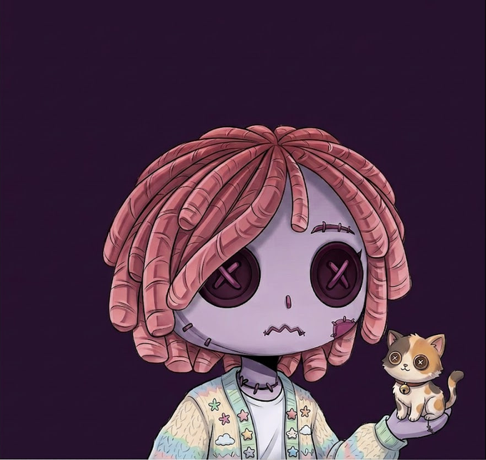 An illustration of a doll-like figure with stitched eyes and mouth, pink dreadlock-style hair, wearing a pastel patterned cardigan, and holding a small stitched cat.