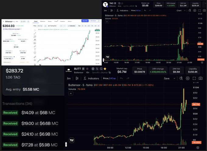 A cryptocurrency trading interface shows TAO token price charts and transactions, with visible text including "$283.72", "1.06 TAO", and recent received amounts ranging from $14.09 to $24.10.