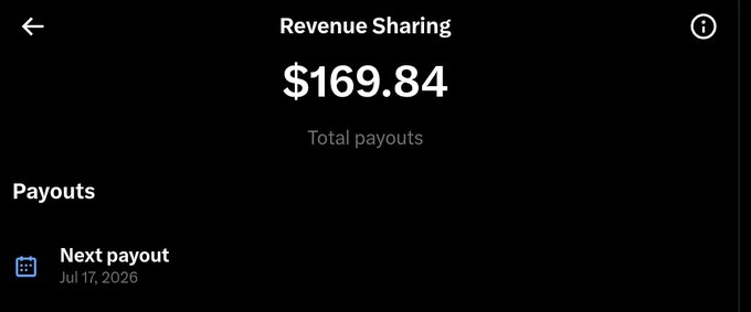 A dark-themed Revenue Sharing screen displaying total payouts of $169.84 with a next payout scheduled for July 17, 2026.
