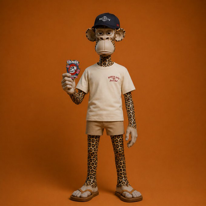 A Bored Ape NFT character wearing a "BORED APE" t-shirt and baseball cap holds up a "BAYC" membership card against an orange backdrop, visually representing the pride and community of the Bored Ape Yacht Club as expressed in the caption.
