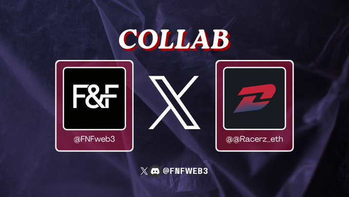 The image features an advertisement for a collaboration between two companies - F&F Web and Racerz Eth. The background of the image is purple with white text that reads "collab" followed by "F&F Web" and "Racerz Eth". Below this, there are two square boxes containing logos for the respective companies. The first box has a black and red logo, while the second one features a red and blue logo. Both logos include the words "FNF" and "@Racerz_eth", indicating that they are related to racing culture or an anime series called "Racerz Eth".