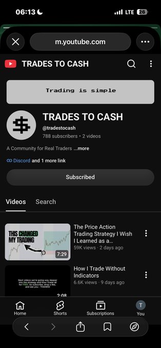 A mobile YouTube screenshot shows the 'TRADES TO CASH' channel (@tradestocash) with 788 subscribers, featuring videos like 'The Price Action Trading Strategy I Wish I Learned as a...' with 59K views.