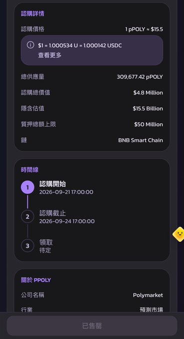 Polymarket token details page in Traditional Chinese showing 'pPOLY' at $15.5, with subscription dates 2026-09-21 to 2026-09-24 on BNB Smart Chain.