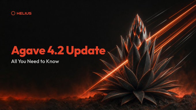 A promotional graphic titled 'Agave 4.2 Update - All You Need to Know' featuring the Helius logo, set against a dark background with a metallic agave plant and glowing orange laser-like streaks.