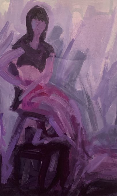 An abstract expressionist painting in purple and dark tones portrays a seated figure, rendered with loose, visible brushstrokes.