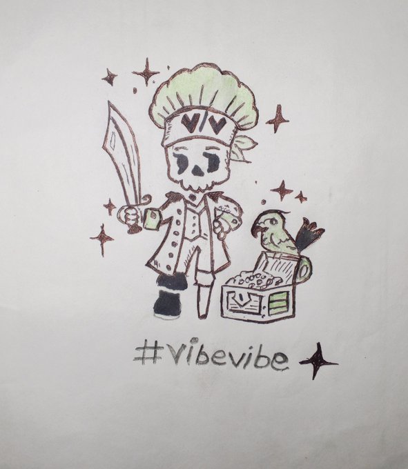 A cartoon drawing of a pirate chef character with a sword and a treasure chest with a parrot, captioned with the hashtag '#vibevibe'.