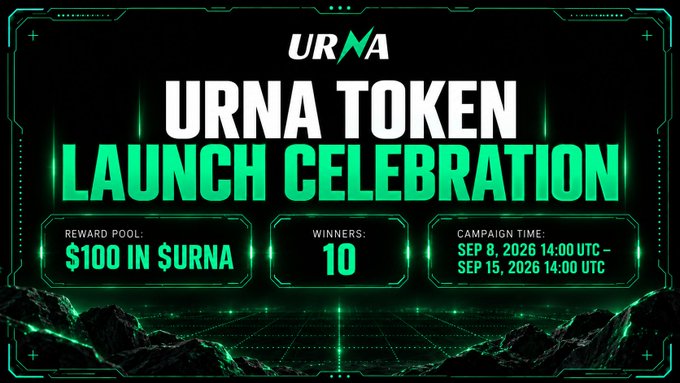 A promotional banner for 'URNA TOKEN LAUNCH CELEBRATION' featuring a $100 reward pool in $URNA, 10 winners, and a campaign running September 8-15, 2026.