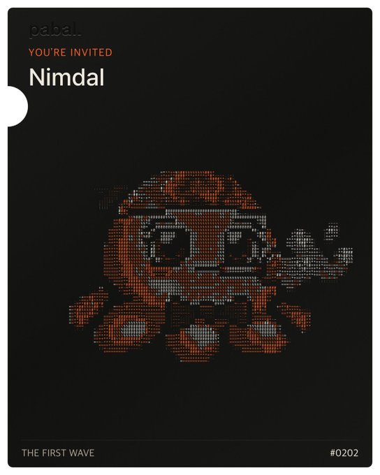 Dark minimalist NFT-style invitation card from 'gabal.' titled 'Nimdal' (#0202), labeled 'YOU'RE INVITED' and 'THE FIRST WAVE,' featuring a pixelated red and white toad/mushroom-like creature.