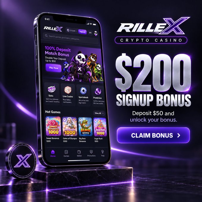A smartphone displaying the RILLEX Crypto Casino app, featuring a $200 Signup Bonus and game categories like Slots, Live Casino, and Sportsbook, sits beside the RILLEX logo and a glowing purple "Claim Bonus" button. The visual highlights the same promotion, players, and gaming features described in the caption, encouraging users to claim the bonus at rillex.com.