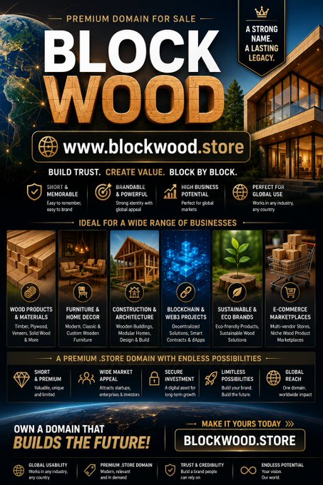 A premium domain sales graphic for www.blockwood.store, promoted as 'BUILD TRUST. CREATE VALUE. BLOCK BY BLOCK,' highlighting its suitability for wood products, furniture, construction, blockchain, eco-brands, and e-commerce markets worldwide.