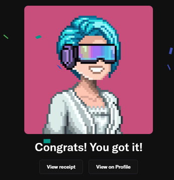 A pixel art image of a smiling person with cyan hair and futuristic visor glasses on a pink background, with the text 'Congrats! You got it!' and buttons for 'View receipt' and 'View on Profile' below.