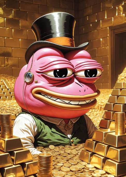 A digital illustration of a pink Pepe the Frog wearing a top hat and monocle, sitting in a vault surrounded by piles of gold coins and bars.