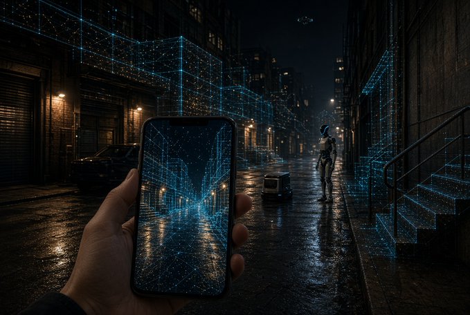 A first-person view of a hand holding a smartphone displaying a holographic city blueprint in a dark urban alleyway, where a figure stands near a delivery robot amid glowing blue wireframe buildings.