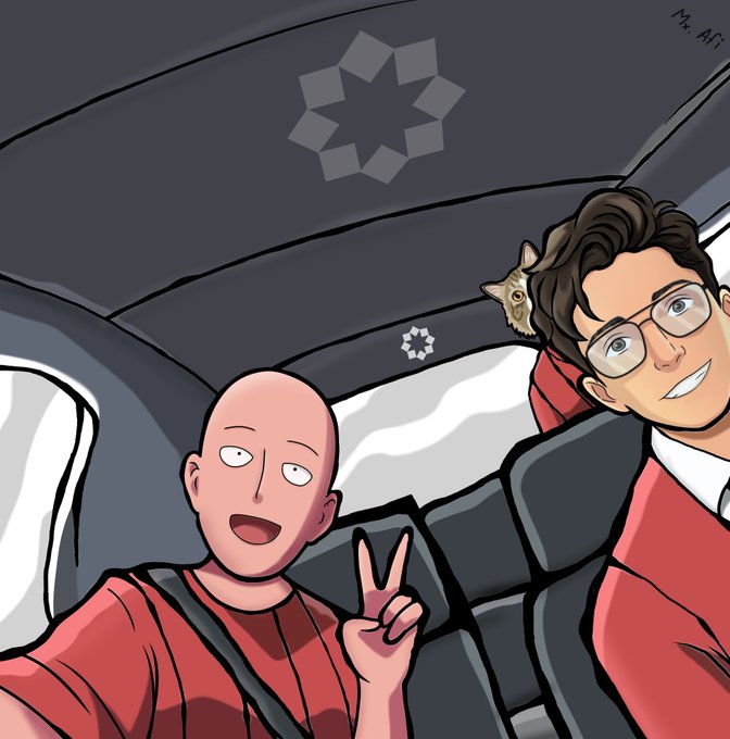 An illustrated cartoon of two characters taking a selfie in a car, with one being a bald character making a peace sign and the other wearing glasses, with a small cat peeking from behind.