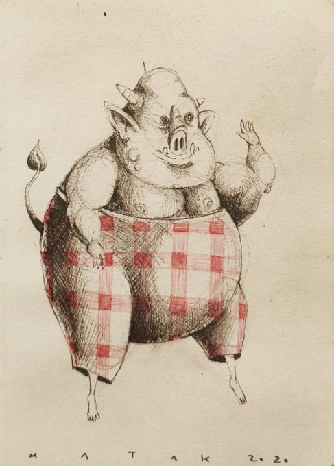A pencil sketch of a rotund pig-like creature wearing red plaid pants, waving with one hand, signed "MATAK 22" at the bottom.
