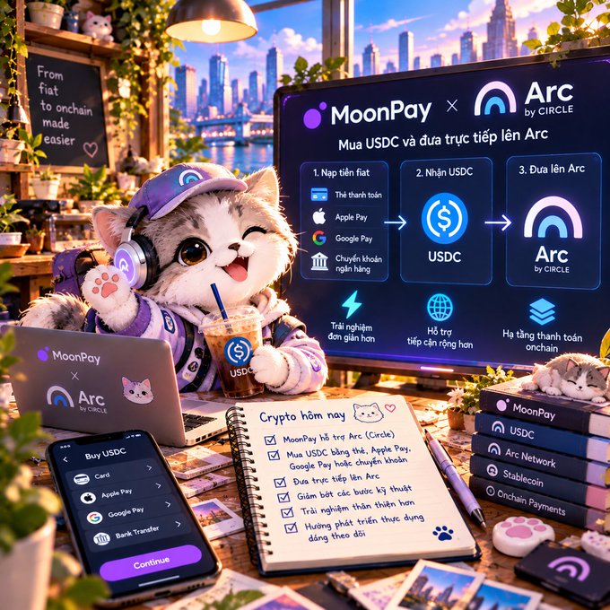 A digital advertisement features a cartoon cat wearing headphones at a desk, promoting MoonPay and Arc by Circle with steps to buy USDC using Apple Pay, Google Pay, or bank transfer.