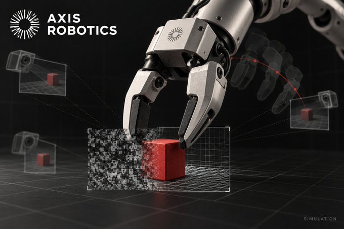 A 3D rendering for 'AXIS ROBOTICS' showing a robotic gripper arm manipulating a red cube in a simulated environment with motion tracking visualizations and grid overlays.