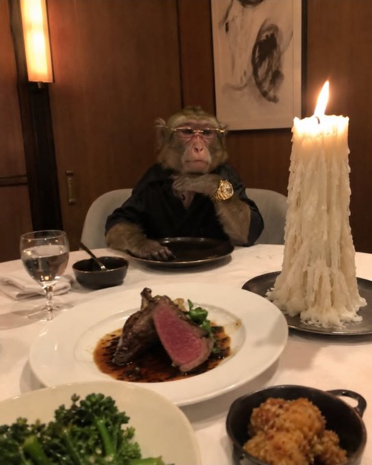 A monkey wearing a black shirt and glasses sits at a restaurant table across from a large lit candle, with plates of food including steak and broccoli in the foreground.