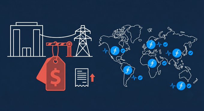 The image presents an infographic about data centers, focusing on the costs associated with setting up a new 100MW data center in the United States. It highlights that connecting a new data center to the US grid could cost up to $500 million, but once a single server is installed, the cost gets recovered through storage fees for filecoin. The infographic also suggests the existing exabyte-scale capacity on Filecoin and how it can help meet future storage demands at a lower cost compared to large-scale data centers like the one depicted in the image.