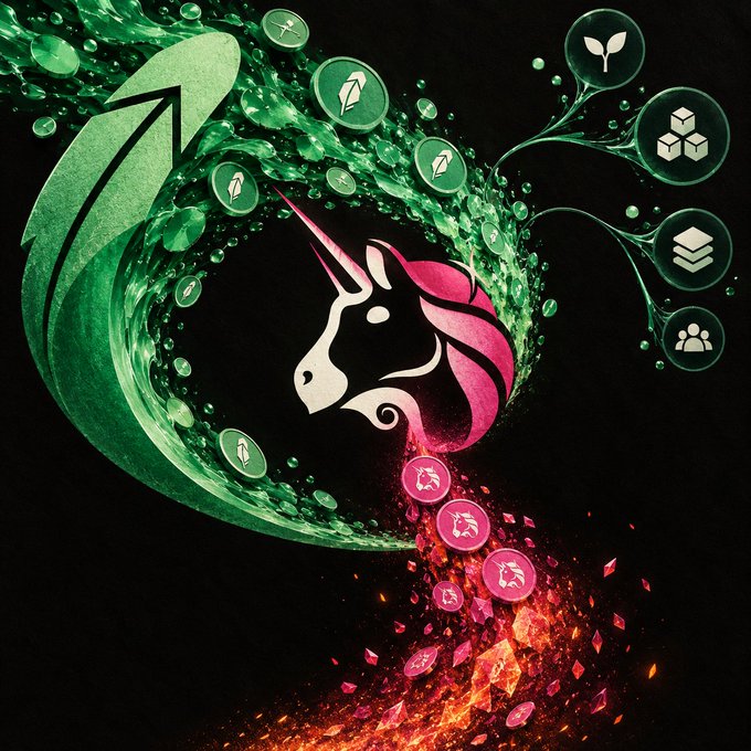 A stylized digital artwork features the Uniquorn (Uniswap) logo at the center, surrounded by a swirling wave of green and pink/magenta liquid that contains various icons related to cryptocurrency, DeFi, and layers/staking.