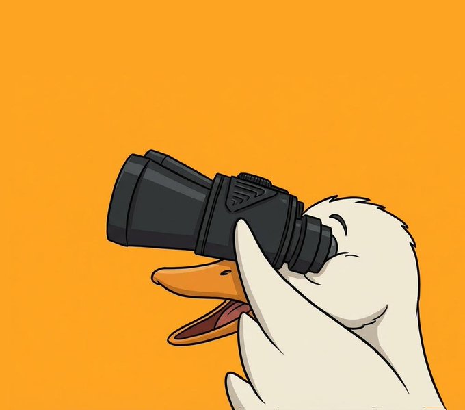 The image features a cartoon duck holding a telescope up to its eye, looking through it with an open beak. The duck appears to be engaged in a deep observation or exploration of something beyond its immediate surroundings. The background color is yellow, which contrasts nicely with the white duck and adds visual interest to the scene. The post includes text that reads "We are here on a long term as we engage insightfully towards the future. It is only those who show up consistently, make impact @wallchain", suggesting that the image may be related to a discussion or project about the future of Wallchain or an exploration of new ideas and possibilities.