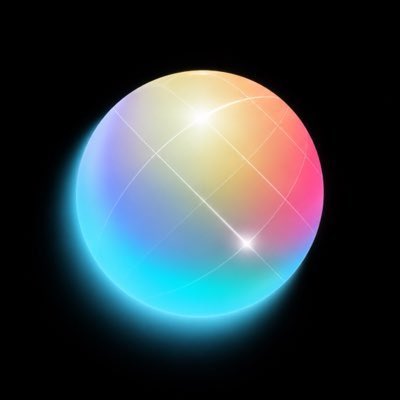 A glowing iridescent sphere with rainbow colors (pink, blue, yellow) and a grid pattern on a black background.