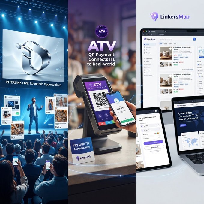 A promotional graphic for 'ATV QR Payment: Connects ITL to Real-world' and 'LinkersMap' showing payment terminals, mobile app interfaces, and an 'INTERLINK LIVE: Economic Opportunities' event.