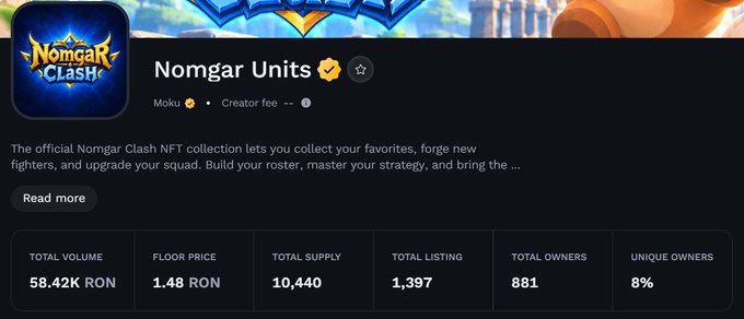 A screenshot of an NFT collection page titled 'Nomgar Units' displays statistics including a total volume of 58.42K RON, a floor price of 1.48 RON, and a total supply of 10,440.
