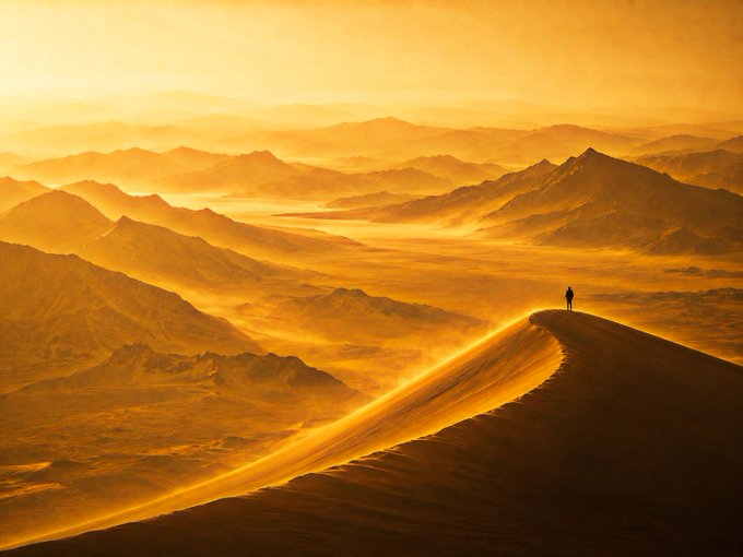 A breathtaking golden-orange landscape at sunset featuring a lone figure standing atop a sand dune overlooking vast desert mountains and valleys.