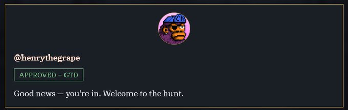 An approval notification from "@henrythegrape" displays a pixelated grape character wearing a cap, reading "APPROVED - GTD" followed by "Good news — you're in. Welcome to the hunt." This confirms the whitelist (WL) acceptance mentioned in the post, welcoming the recipient into what appears to be the Bitfoots NFT collection.