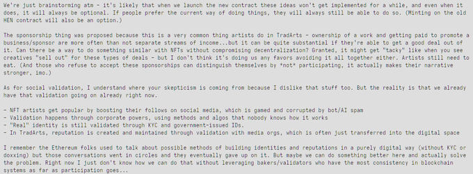 The image shows a text exchange discussing NFT sponsorship models and proposing the use of blockchain validators/bakers to verify artist identities and disentangle creative ownership from commercial sponsorship, aligning with the post's themes of leveraging validators for broader use cases beyond transactions.