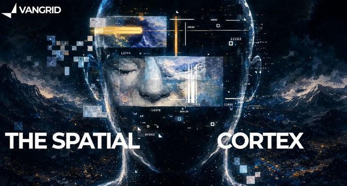 A futuristic sci-fi artwork titled 'THE SPATIAL CORTEX' by VanGrid depicts a human face merged with digital HUD elements, data readouts, and a cosmic background with mountains and starry nebulae.