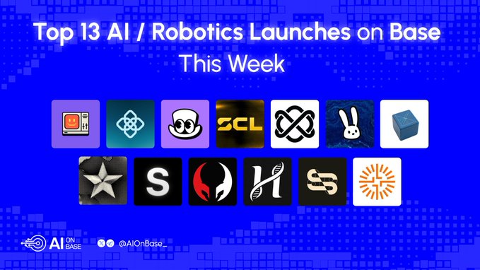 A blue promotional graphic titled 'Top 13 AI / Robotics Launches on Base This Week' by @AIOnBase, showing 13 various tech-related icons.