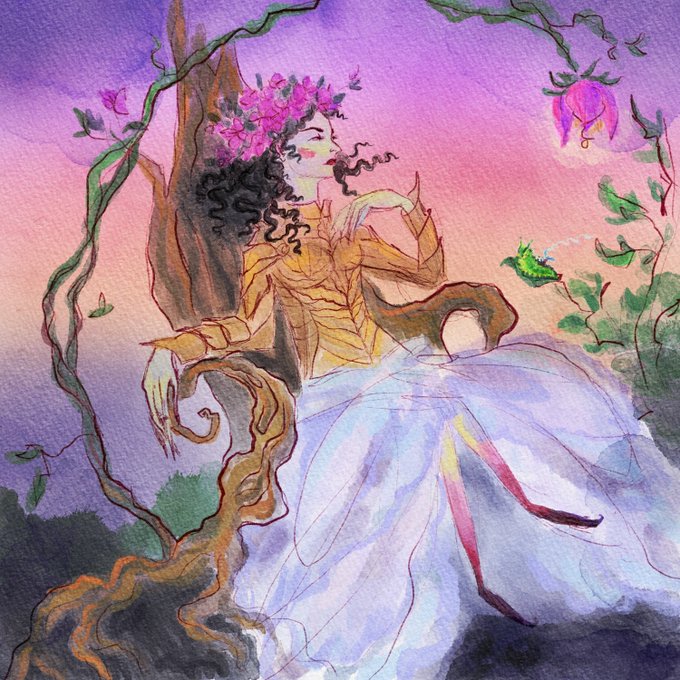 A watercolor painting of a woman with curly dark hair and a flower crown, sitting in a twisted wooden chair, wearing a golden top and a flowing white dress against a pink and purple sky.