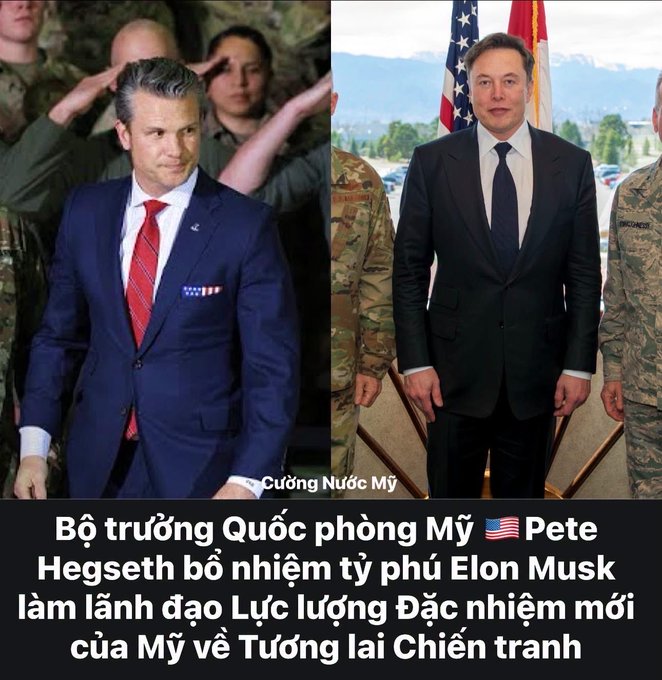 A side-by-side image showing US Secretary of Defense Pete Hegseth (left) in a blue suit with military personnel saluting behind him, and Elon Musk (right) in a dark suit with American flags and military personnel in the background. Vietnamese text reads: "Bộ trưởng Quốc phòng Mỹ Pete Hegseth bổ nhiệm tỷ phú Elon Musk làm lãnh đạo Lực lượng Đặc nhiệm mới của Mỹ về Tương lai Chiến tranh," translating to US Defense Secretary Pete Hegseth appointing billionaire Elon Musk to lead America's new Special Task Force on the Future of War—reflecting the post's theme of Musk taking on a new leadership mission.