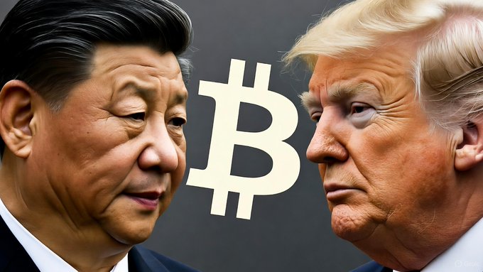 This image features portraits of Xi Jinping and Donald Trump facing each other, with a large Bitcoin logo superimposed between them, visually representing the cryptocurrency's prominence in discussions about global leadership and competition.