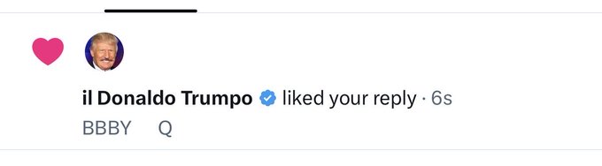 A Twitter/X notification from the verified account "il Donaldo Trumpo" showing that the user liked a reply containing "$BBBYQ," aligning with the caption "Yep $BBBYQ."