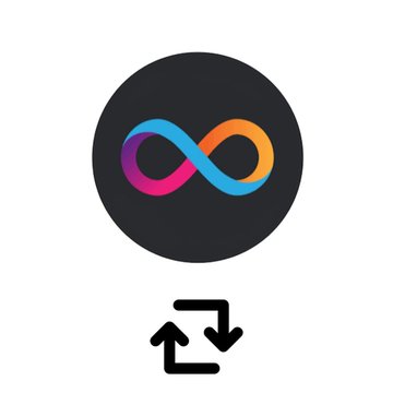 App icon featuring a colorful infinity symbol on a dark circular background with a circular arrows refresh/sync icon below it.
